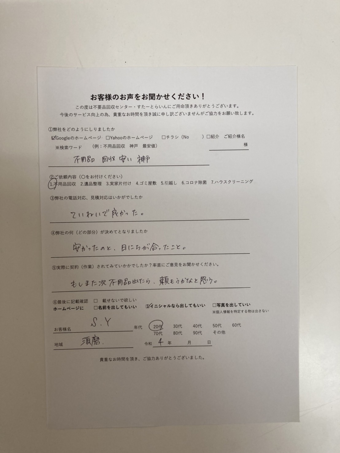 【お客様の声】須磨区で不用品回収
