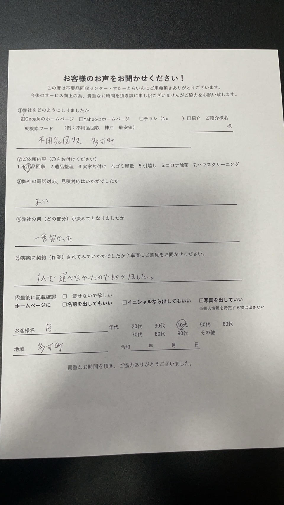 【お客様の声】多可町　不用品回収