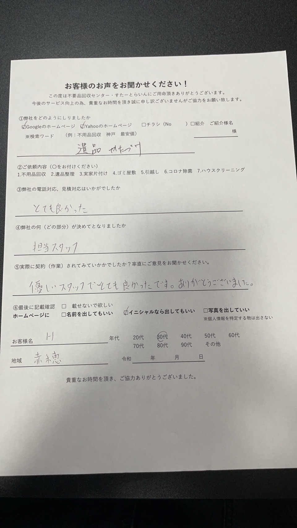 【お客様の声】赤穂市　遺品整理・お片付け